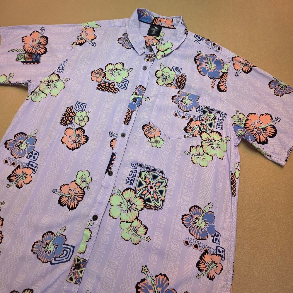 Rip Curl Glitch Hawaiian Button Shirt Purple Sz XXL Floral Tribal Print Viscose
